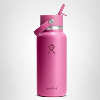Hydro Flask Water Bottle - Insulated Stainless Steel - Wide Mouth Flex Straw Lid, Non Spill, Leakproof and Refillable in 32 Oz Reef Pink