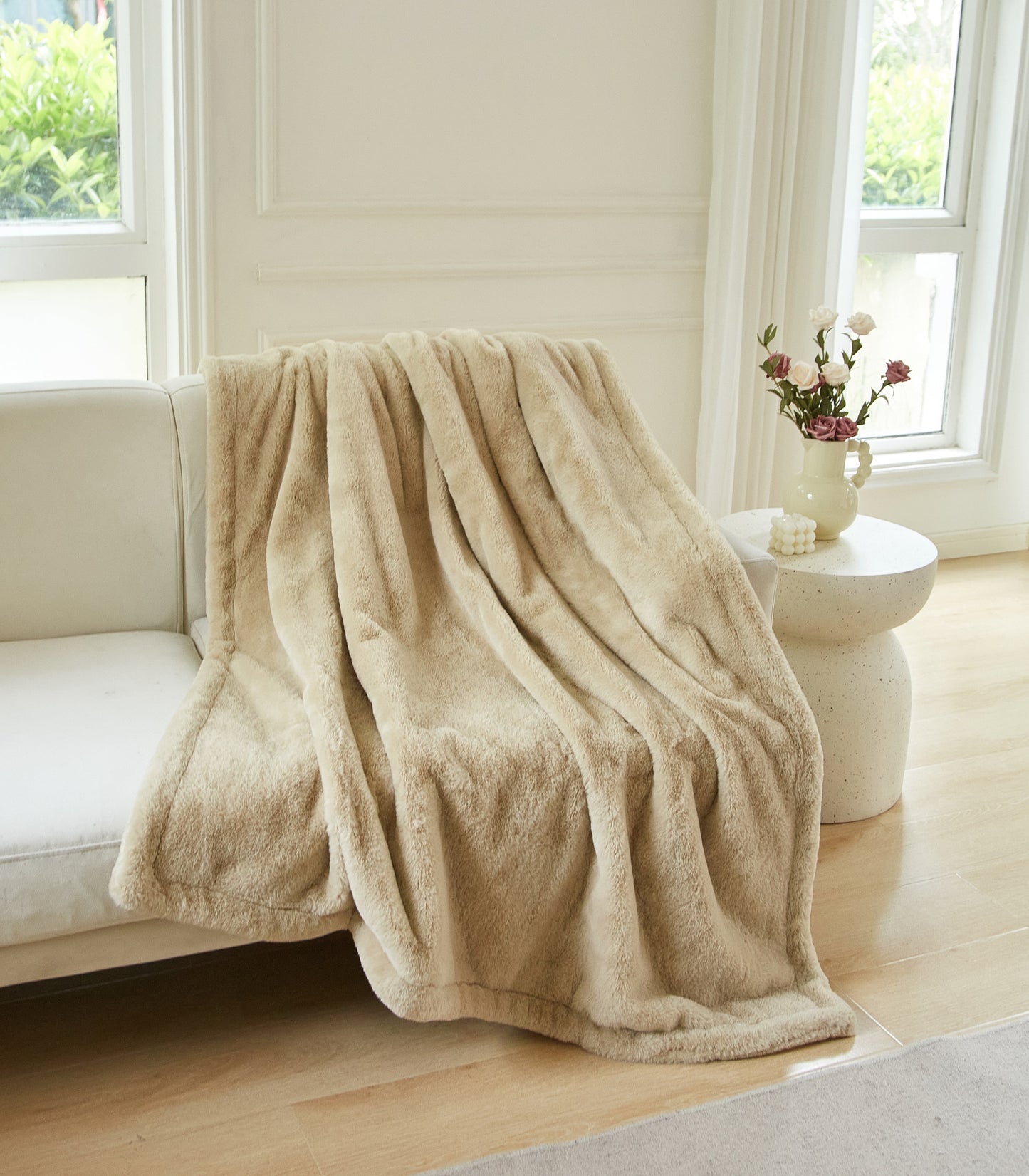 Better Homes & Gardens Cuddle Faux Fur Throw Blanket, Taupe, Oversized, All Ages