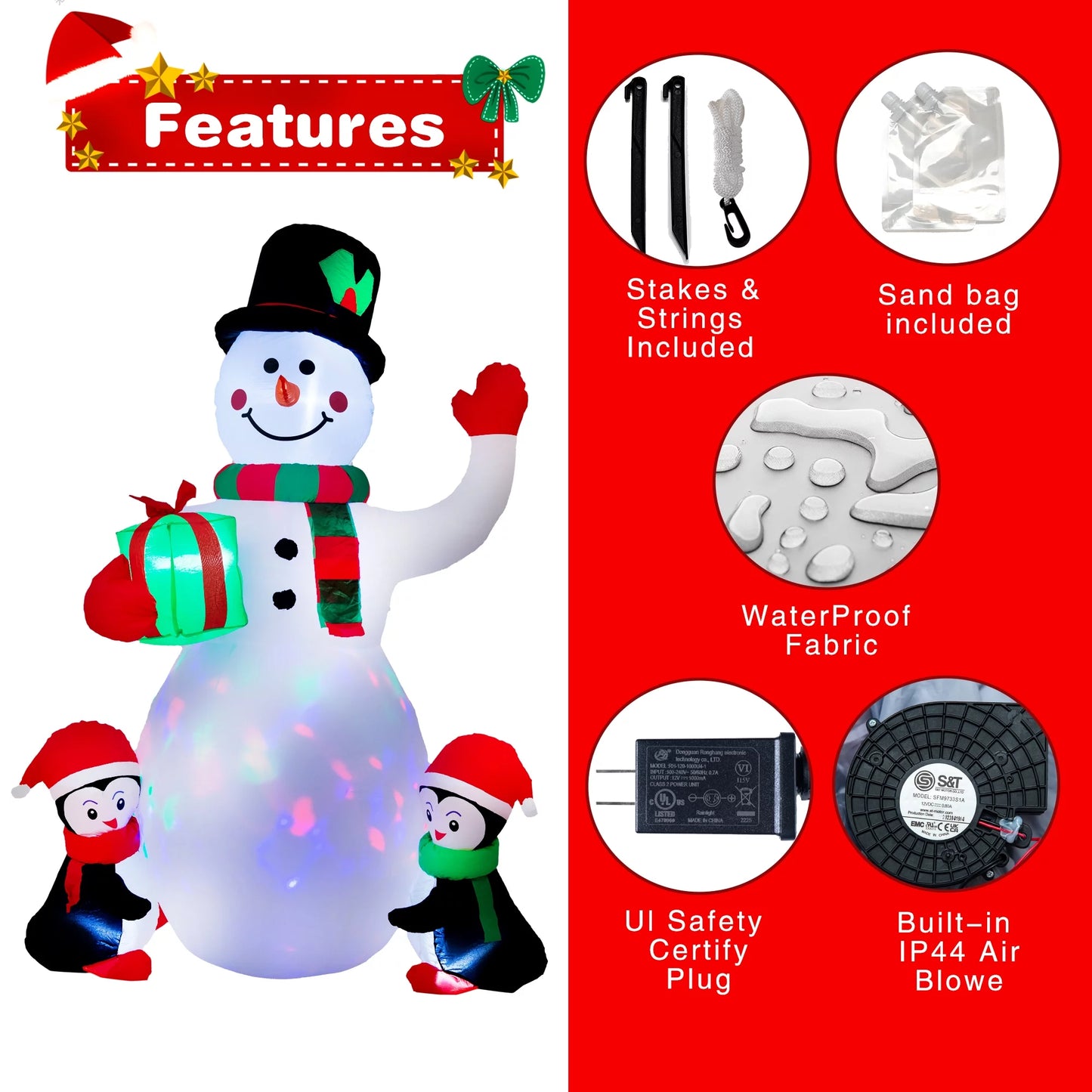 Yexmas 6.3FT Christmas  Inflatable Snowman with Penguins Gift Box, Blowup Christmas Decoration with LED Lights for Holiday/Party/Xmas/Yard/Garden Decorations