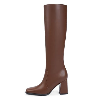 Modatope Knee High Boots Women Chunky Heel Brown Womens Fall Boots High Heel Side Zipper Long Boots Heeled Square Toe Boots for Women Size 7