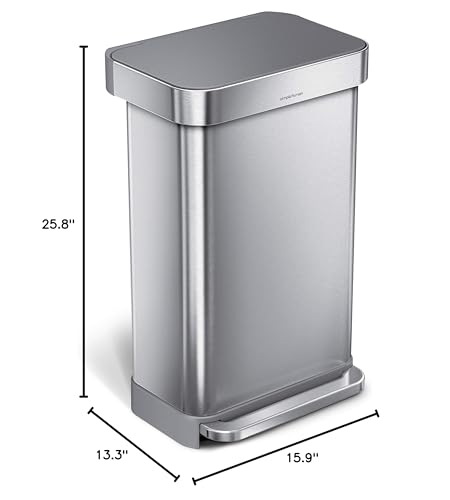 simplehuman 45 Liter / 12 Gallon Liter Rectangular Hands-Free Kitchen Step Trash Can with Soft-Close Lid, Brushed Stainless Steel with Plastic Lid