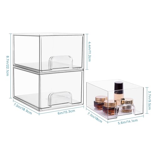 Vtopmart 4 Pack Clear Stackable Storage Drawers, 4.4'' Tall Acrylic Bathroom Makeup Organizer,Plastic Storage Bins For Vanity, Undersink, Kitchen Cabinets, Pantry, Home Organization and Storage