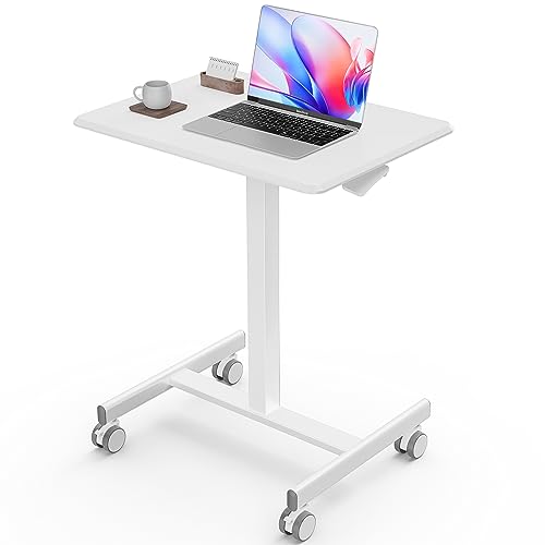 Sweetcrispy Mobile Rolling Desk with Lockable Wheels, Small Standing Laptop Desks, Sit Stand Adjustable Height Table Portable, Computer Workstations for Home Office, White