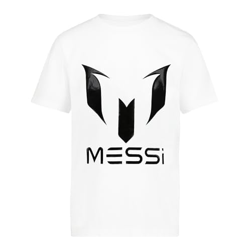 Messi Boys' Lifestyle Short Sleeve T-Shirt, Standard Fit Logo Tee, Cotton Blend Fabric, Bright White