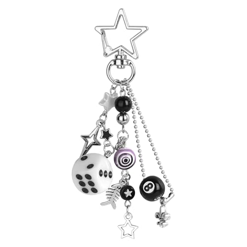 8 Ball Dice Charm Keychain Y2K Bag Charm with Metal Cherry (White Dice) | Purse & Car Key Accessory, Phone Case Attachment, Unisex Design, Black & Silver Finish, Multi-Charm Style