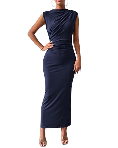 BTFBM Women's Elegant Bodycon Maxi Dresses Sleeveless Ruched Slit Homecoming Prom Club Dress Sexy Birthday Party Dresses(Solid Navy, Medium)