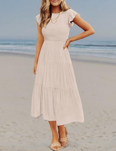 ZESICA Women's 2025 Summer Casual Flutter Short Sleeve Crew Neck Smocked Elastic Waist Tiered Midi Dress,Apricot,X-Small