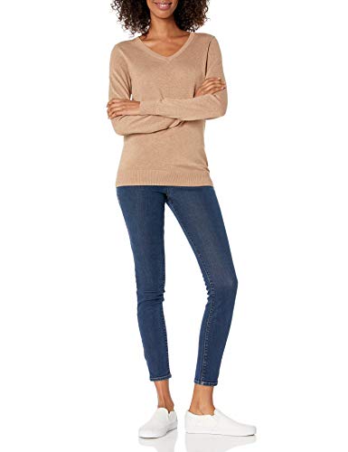 Amazon Essentials Women's Classic-Fit Lightweight Long-Sleeve V-Neck Sweater (Available in Plus Size), Camel Heather, X-Small
