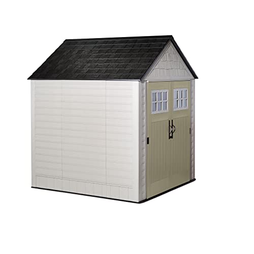 Rubbermaid Resin Outdoor Storage Shed With Floor (7 x 7 Ft), Weather Resistant, Beige/Brown, Organization for Home/Backyard/Garden Tools/Lawn Mower/Bike Storage/Pool Supplies