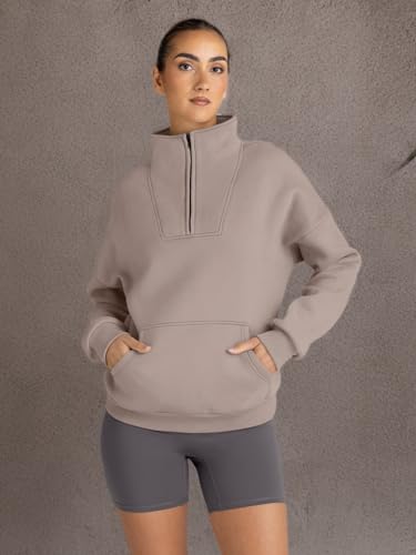 Trendy Queen Sweatshirts Half Zip Pullover Quarter Zip Oversized Hoodies Sweaters Comfy Fall Outfits 2024 Y2K Winter Clothes CoffeeGrey M