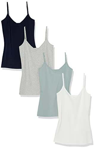 Amazon Essentials Women's Slim-Fit V-Neck Cami, Pack of 4, Grey Heather/Navy/Sage Green/White, X-Small