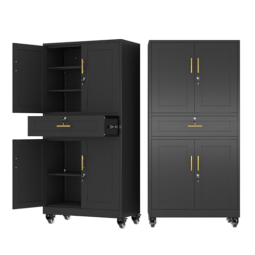 Ckzbx Metal Garage Storage Cabinet with Locking Drawers and Adjustable Shelves,71" H Rolling Tool Storage with Wheels for Garage,Office (Black)