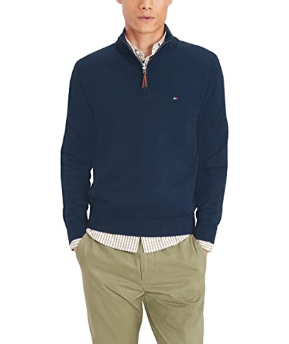 Tommy Hilfiger Mens Long Sleeve Cotton Quarter Zip Pullover Sweater, Classic Navy, Medium US