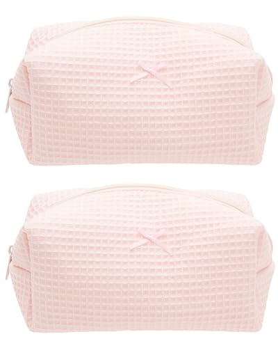 PAZIMIIK Cozy Makeup Bag for Women,Zipper Cosmetic Pouch,Waffle Pink,2 Pack
