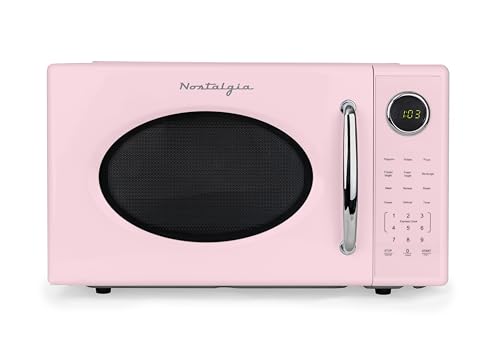 Nostalgia Retro 1000W Microwave Oven 1.1 Cu Ft Capacity – Child Safety Lock, 8 Auto-Cook Settings – Countertop Kitchen Appliance – Pink