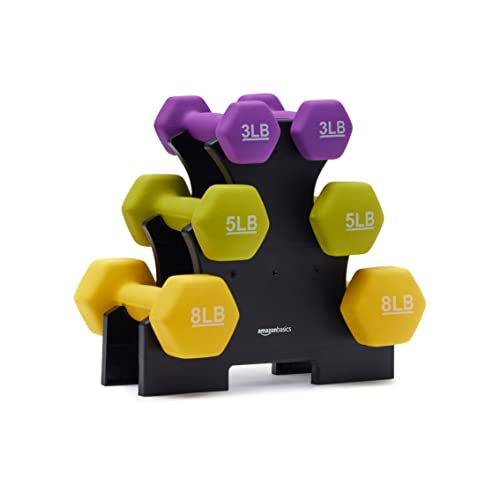 Amazon Basics Neoprene Dumbbell Hand Weights, Rack with 3 Pairs (3, 5, and 8 Pounds), Purple/Green/Yellow