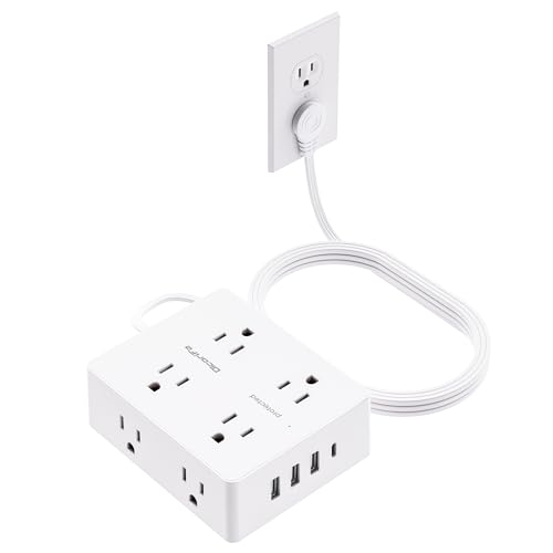 Olcorife Flat Plug Power Strip with 10 FT Extension Cord, 8 Outlets 4 USB Ports (1 USB C), 3 Sided Outlet Extender for Home Office Travel Dorm Room Essentials, White