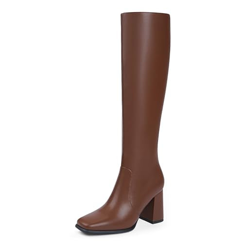 Modatope Knee High Boots Women Chunky Heel Brown Womens Fall Boots High Heel Side Zipper Long Boots Heeled Square Toe Boots for Women Size 7