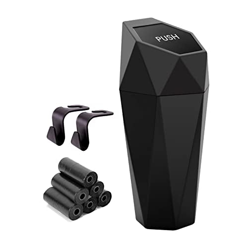 Ginsco Car Trash Can Cup Holder, Mini Car Trash Can with Lid, Car Accessories for Interior, Leakproof Small Trash Cup for Car, Home, Office, Bedroom with Additional 2 Hooks and 90pcs Trash Bags Black