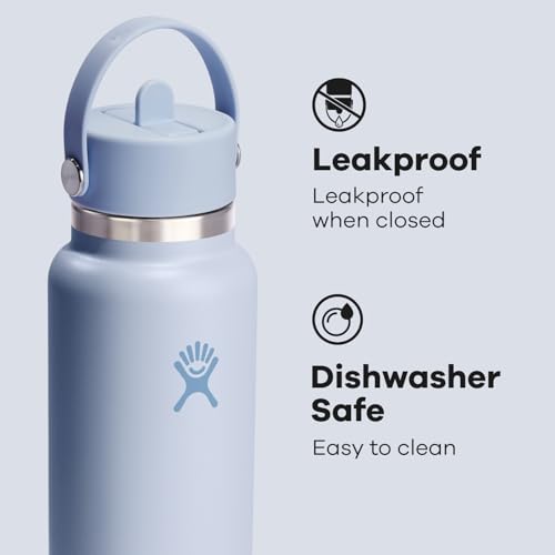 Hydro Flask Water Bottle - Insulated Stainless Steel - Wide Mouth Flex Straw Lid, Non Spill, Leakproof and Refillable in 32 Oz Surf Blue