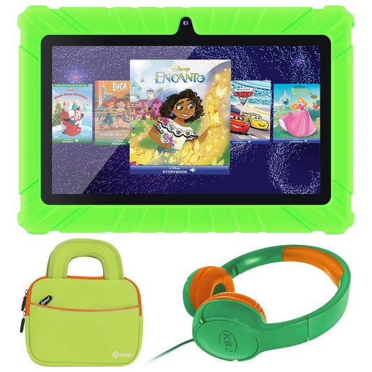 Contixo 7" Tablet Bundle, Kids Ages 3-7, Contixo Academy, STEM Learning, Headphones & Sleeve Case, Android Tablet, Parental Controls – Green