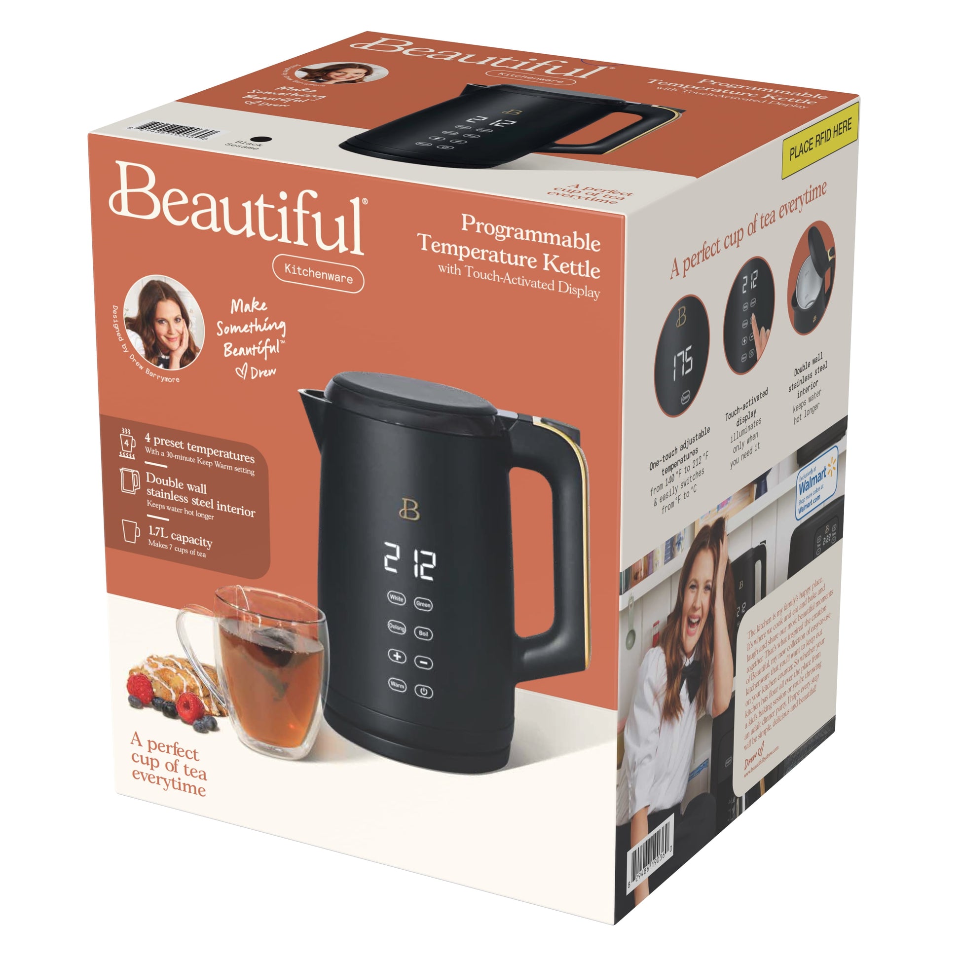 Beautiful 1.7-Liter Electric Kettle 1500 W with One-Touch Activation, Black Sesame by Drew Barrymore