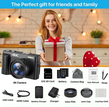 Vlogging Camera 4K Digital Camera for Youtube Autofocus with 32GB SD Card,180°Flip Screen 16X Digital Zoom 48MP Video Cameras Camcorder for Photography