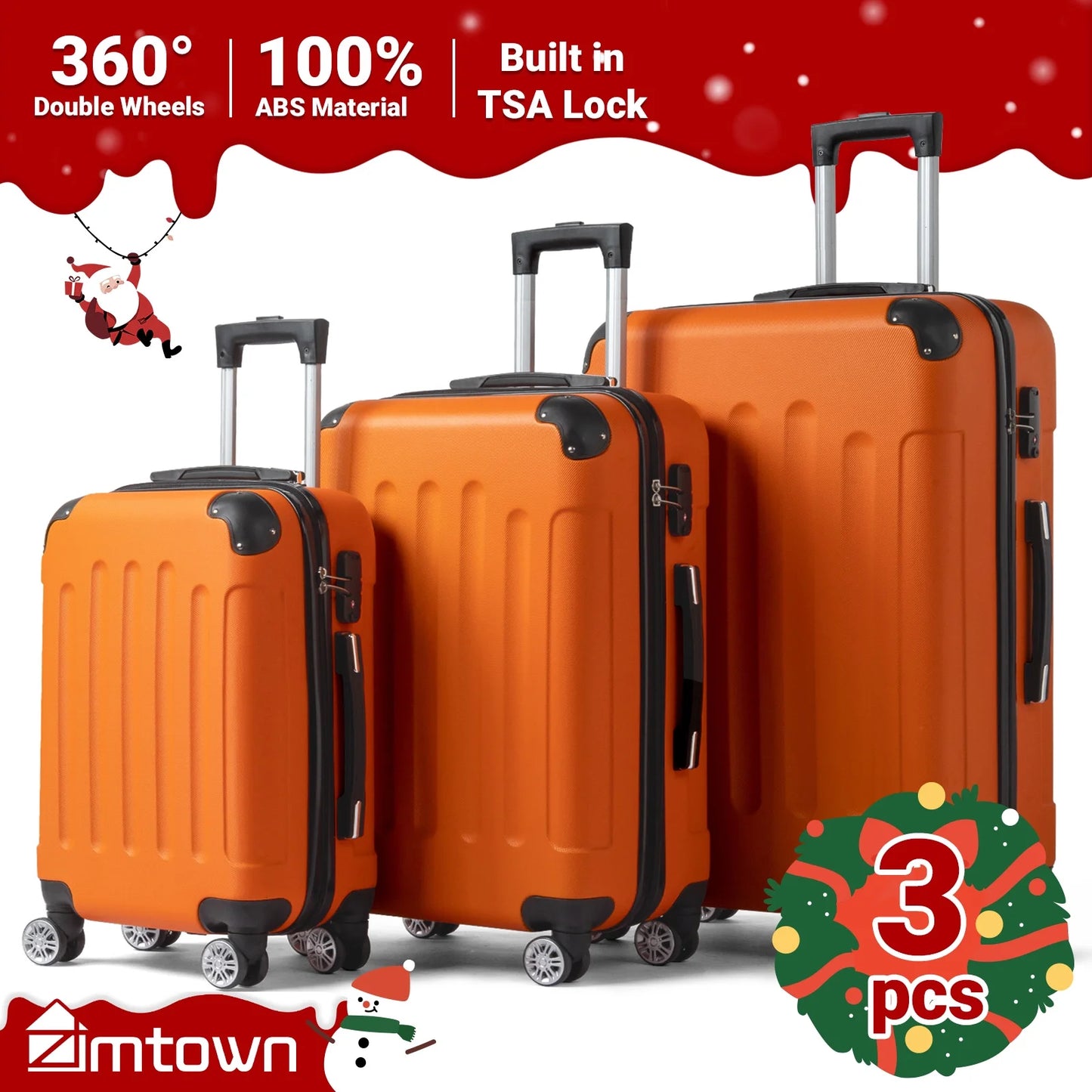 Zimtown Hardside Lightweight Spinner Orange 3 Piece Luggage Set with TSA Lock