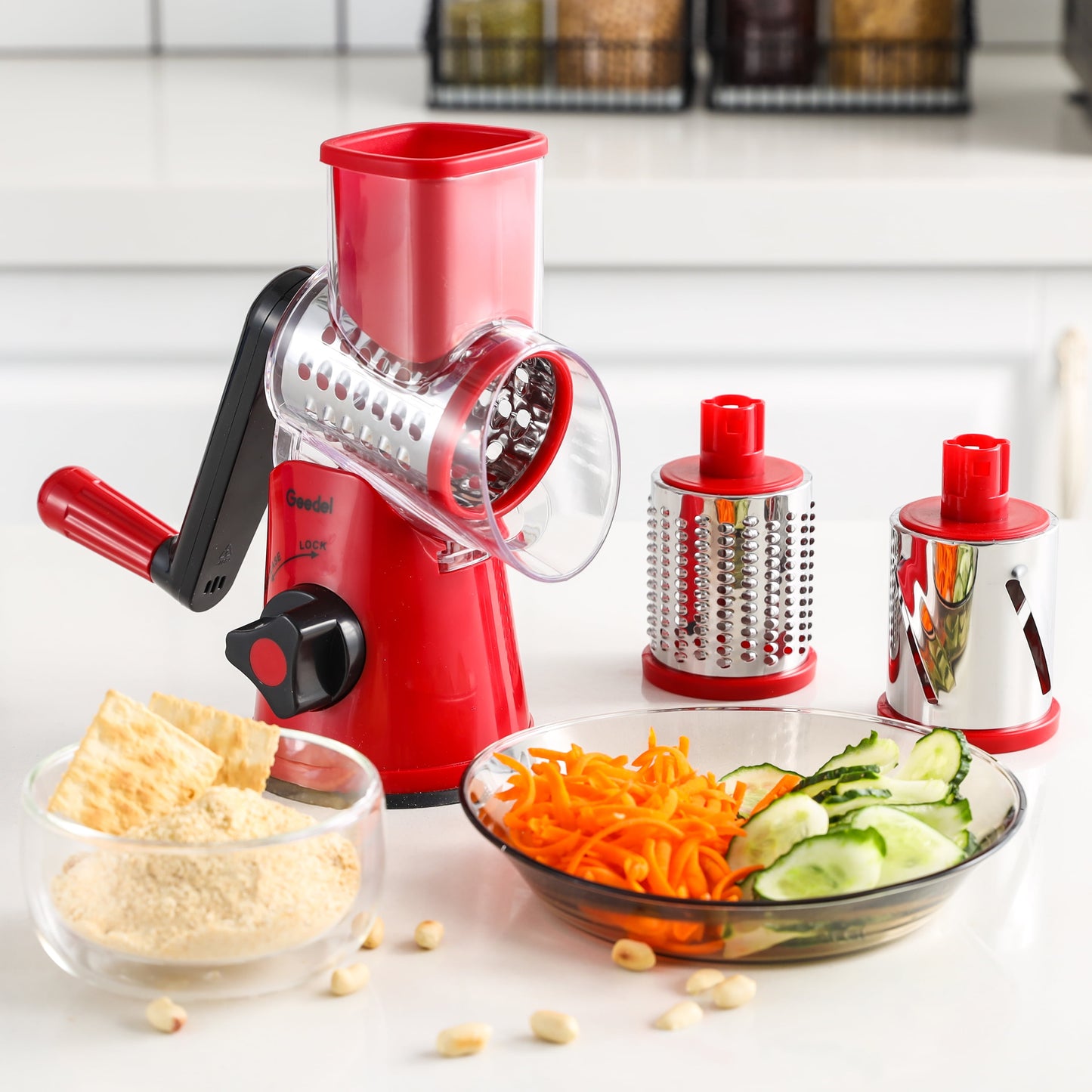 Geedel Rotary Cheese Grater, Kitchen Grater Vegetable Slicer with 3 Interchangeable Blades, Powerful Suction, Dishwasher Safe, Easy to Clean Grater for Vegetable, Fruit, Nuts