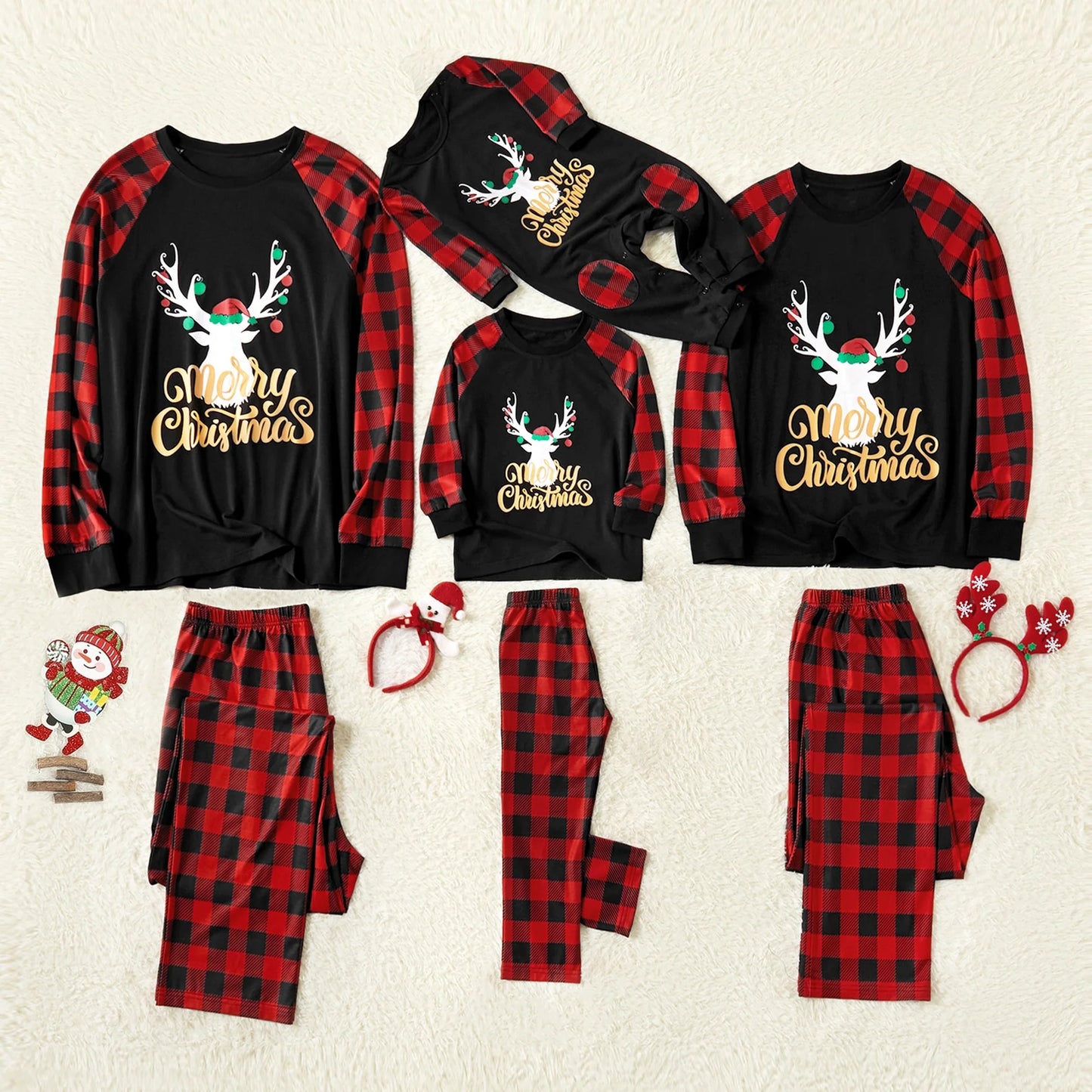 PatPat Merry Christmas Pajamas Letter Antler Print Plaid Splice Women Family Matching Pajamas Sets for Baby Kids Girls Boys, Red Plaid, 4-5 Years