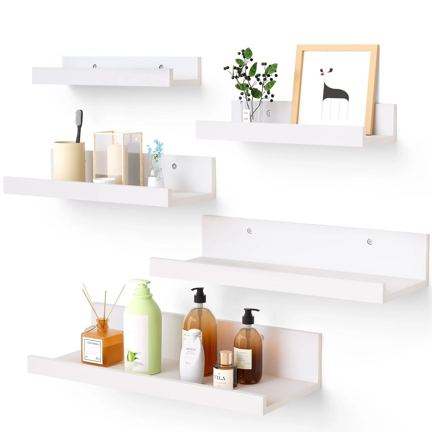 Floating Shelves, Upsimples Home Wood Shelf Wall Mounted, Set of 5, Multiple Sizes, White