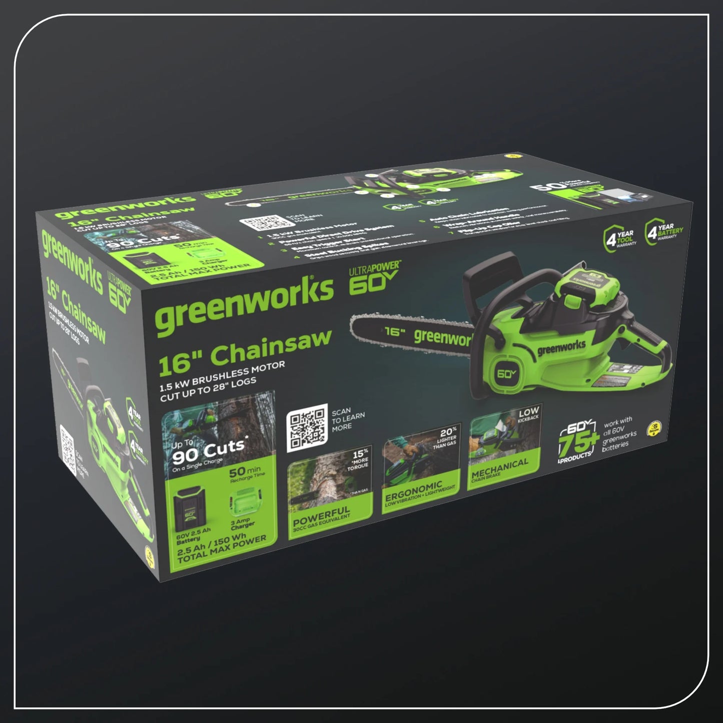 Greenworks 60V 16" 1.5kW Brushless Chainsaw with 2.5 Ah Battery & 3 Amp Charger + Bonus Chain