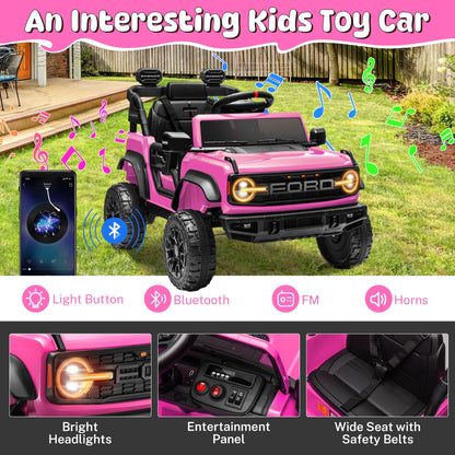 Ford Ride on Toy Cars, 12V Ford Bronco Raptor Powered Ride on Truck with Remote Control, Electric Car for Kids Girls 3-5 Gift with Bluetooth, Bright LED Headlight, Safety Belt, 4 Wheelers, Pink