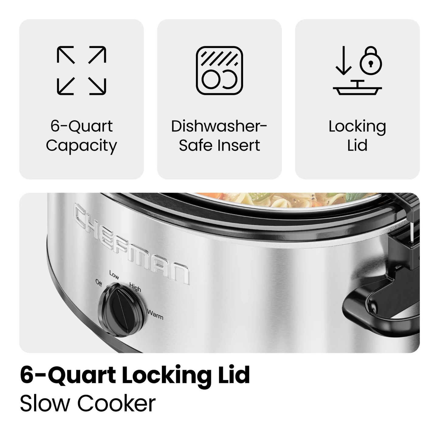 Chefman 6 Qt. Slow Cooker w/ Locking Lid and Three Heat Settings - Stainless Steel, New