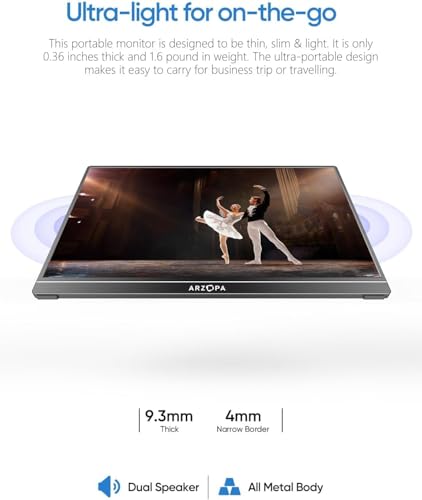 ARZOPA Portable Monitor 15.6'' FHD 1080P - Ultra-Slim Portable Laptop Monitor with Kickstand - IPS Display for PC, MAC, Phone, Xbox, PS5 - USB C & HDMI Connectivity - A1