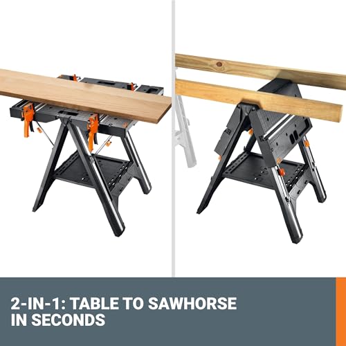 Worx Pegasus 2-in-1 Folding Work Table & Sawhorse, Easy Setup Portable Workbench, 31" W x 25" D x 32" H Lightweight Worktable with Heavy-Duty Load Capacity, WX051 - Includes 2 Clamps & 4 Clamp Dogs