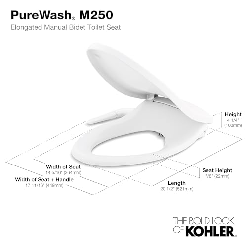 KOHLER 5724-0 PureWash M250 Elongated Bidet Toliet Seat, Manual Non-Electric Bidets for Existing Toilets, Adjustable Bidet Sprayer, White