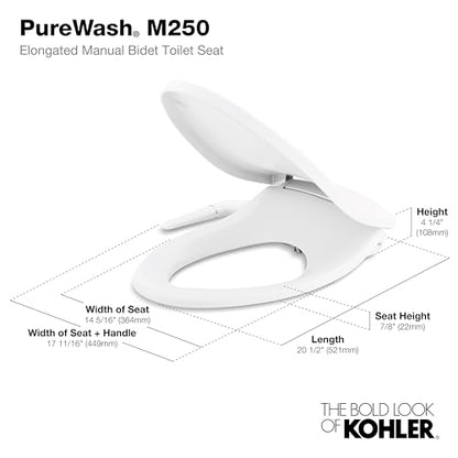 KOHLER 5724-0 PureWash M250 Elongated Bidet Toliet Seat, Manual Non-Electric Bidets for Existing Toilets, Adjustable Bidet Sprayer, White