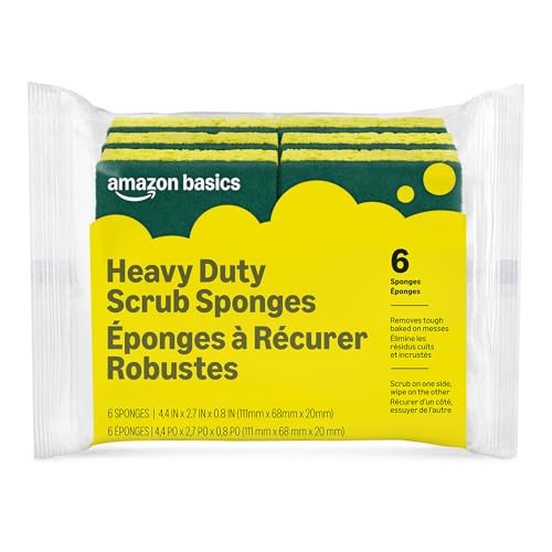 Amazon Basics Heavy Duty Dual-Sided Scrub Sponges, Reusable, 4.4 x 2.7 x 0.8 in, Yellow/Green, 6-Pack