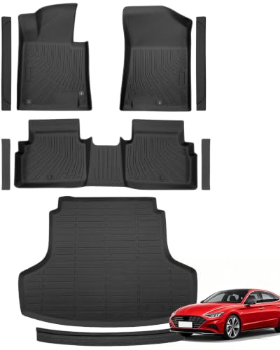 All Weather Floor Mats for Hyundai Sonata 2020-2026 for Kia K5 2021-2026 | for Sonata FWD Gas and for K5 FWD Accessories, 9PCS TPE car floor mats with cargo liner, door sill strips and bumper guard