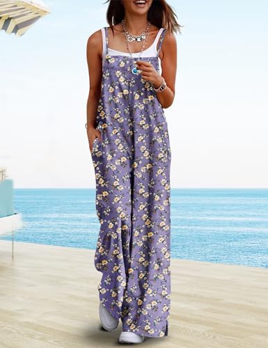 YESNO Women's Summer Boho Casual Jumpsuits Wide Leg Overalls Floral Print Baggy Rompers with Pockets M PZZCR 08