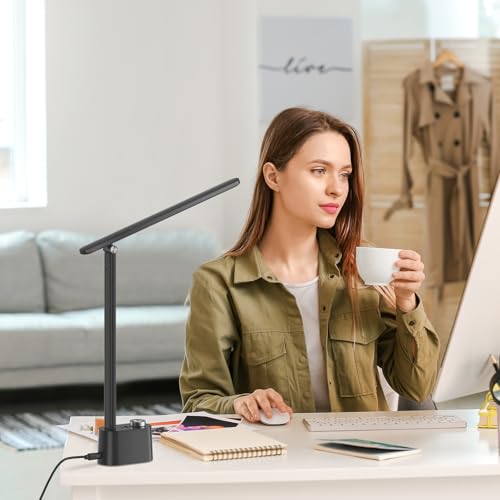 Honeywell Upgraded LED Desk Lamp - H01 Pro Sunturalux™ Foldable Desk Light with USB A+C Charging Ports, 3 Color Modes Dimmable Table Lamp for Home Office Reading(Black)