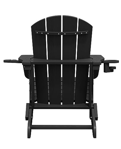 SERWALL HDPE Folding Adirondack Chair with Dual Cup Holder - Composite Adirondack Chair Set of 4- Black