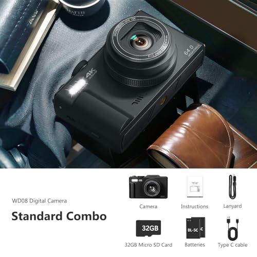 4K Digital Camera for Photography, 64MP Vlogging Camera for YouTube with 3" 180° Flip Screen, 18X Digital Zoom Point and Shoot Camara with 32GB Micro SD Card for Beginner (Black)
