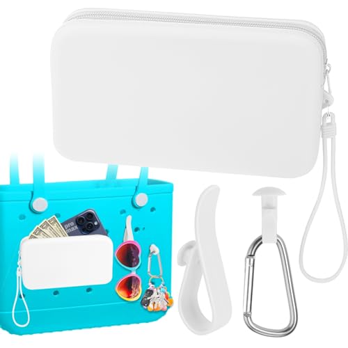 Mity rain Silicone Wallet for Bogg Bag Phone Holder, Accessories Set for Bogg Bag Contain 2PCS Key Holder and a Large Capacity Silicone Zipper Bag for Beach Bags Tote Bag (White)
