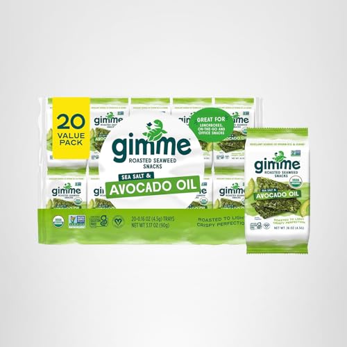 Gimme Seaweed Organic Premium Roasted Seaweed Snacks, Sea Salt & Avocado Oil, 20 Count, Keto, Vegan, Gluten-Free, Great Source of Omega3s and Iodine, Healthy On-The-Go Snack for Kids and Adults