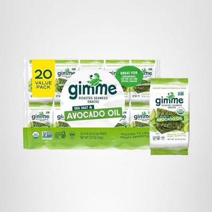 Gimme Seaweed Organic Premium Roasted Seaweed Snacks, Sea Salt & Avocado Oil, 20 Count, Keto, Vegan, Gluten-Free, Great Source of Omega3s and Iodine, Healthy On-The-Go Snack for Kids and Adults