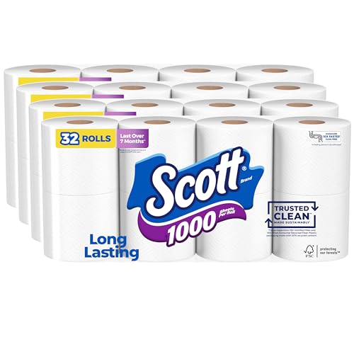 Scott 1000 Trusted Clean Toilet Paper, 32 Rolls, Septic-Safe, 1-Ply Toilet Tissue