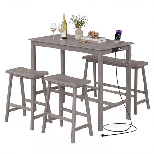 Giantex 4-Piece Counter Height Dining Table Set with Power Outlet, Solid Rubber Wood Kitchen Table with Saddle Backless Bench & 2 Stools, Space-Saving Bar Table Set for Breakfast Nook (Gray)