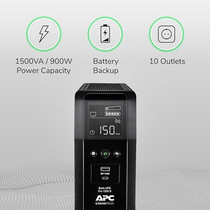 APC UPS Back-UPS Pro 1500VA Sinewave UPS, 900W Battery Backup & Surge Protector, AVR, 10 Outlets, LCD, USB-C & USB-A Charging Ports, BR1500MS2 Uninterruptible Power Supply for Computers, Electronics